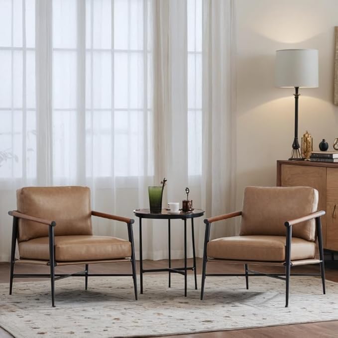 Watson &amp Whitely Accent Chairs Set of 2 Mid Century Arm Chair for Living Room Bedroom Modern Reading Chair Upholstered Lounge Armchair with Metal Frame &amp Wooden Armrests Faux Leather in Bro
