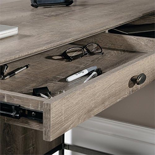 Pemberly Row L-Shape Wood and Metal Computer Desk Northern Oak Finish 60.75 in Wide Built-in USB Ports Cord Management Pencil Drawer Elevated Shelving Industrial Style Home Office Desk