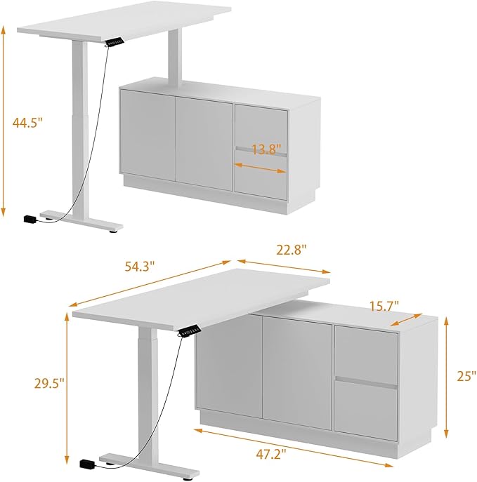 54.3 L Shaped Electric Standing Desk with File Cabinet Height Adjustable Stand up Desk with Drawers Home Office Computer Gaming Table White