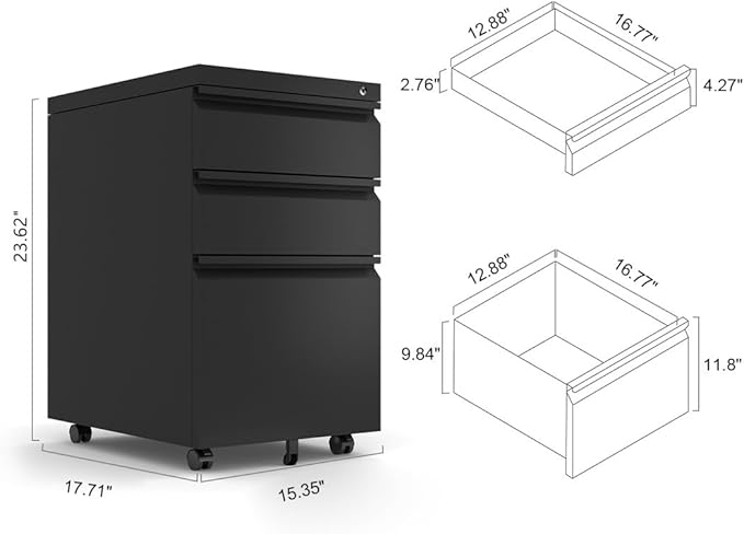 3-Drawer Mobile Filing Cabinet with Lock Legal/Letter Sized Office Storage Cabinet Metal Suitable for Offices and Study Rooms(Black)