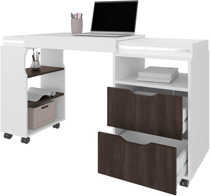 Multicolor Extendable Desk with Drawers &amp Open Shelves for Home Office or Workstation