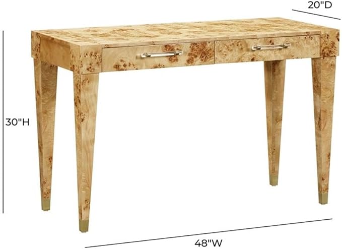 Pemberly Row Contemporary Acacia Burl Work Desk Natural Finish Handmade Furniture Brass Tipped Legs Fully Finished Back Rustic Home Office Desk Textured Acacia Wood