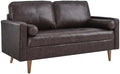 Pemberly Row Modern Leather Loveseat Dense Foam Padding Brown Finish Top Grain Upholstery 61.5 W x 32 D x 33.5 H Biscuit Tufting Walnut Stained Wood Legs Compact Living Room or Apartment