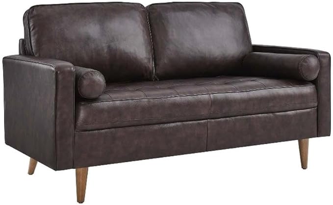 Pemberly Row Modern Leather Loveseat Dense Foam Padding Brown Finish Top Grain Upholstery 61.5 W x 32 D x 33.5 H Biscuit Tufting Walnut Stained Wood Legs Compact Living Room or Apartment