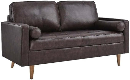 Pemberly Row Modern Leather Loveseat Dense Foam Padding Brown Finish Top Grain Upholstery 61.5 W x 32 D x 33.5 H Biscuit Tufting Walnut Stained Wood Legs Compact Living Room or Apartment