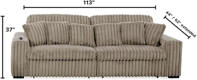 Pemberly Row 113 W Corduroy Fabric Cloud Convertible Sectional Deep Seat Sofa Slider with Power Recliner Glider USB Charging Ports and 6 Cushions in Presley Latte for Living Room