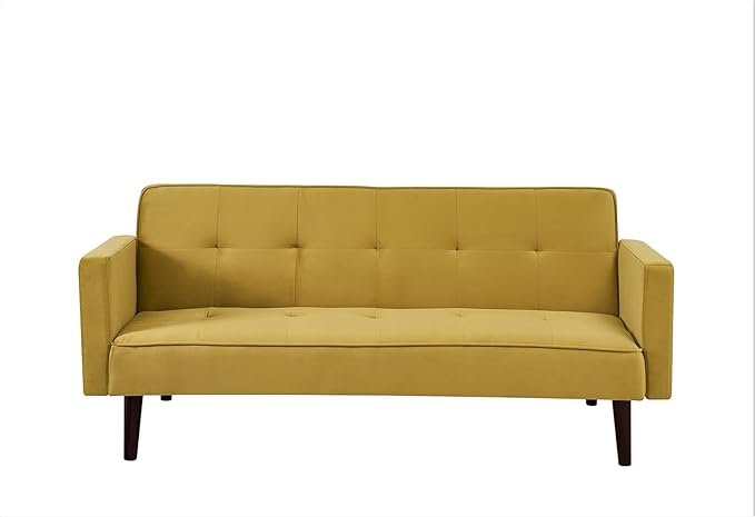 72 Velvet Convertible Sofa Bed - Retro Modern Folding Futon Sleeper w/Tufted Upholstery - Space-Saving Couch for Apartments/Dorms (72 x 34.6 x 30.25) Golden Yellow