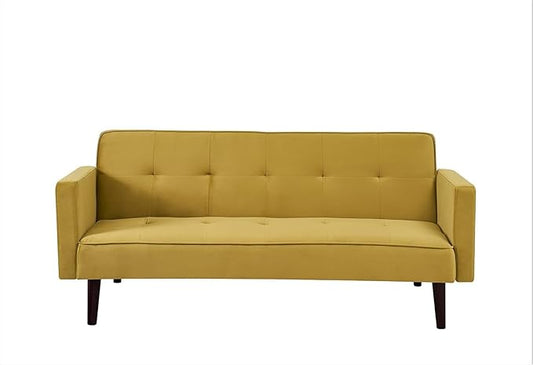 72 Velvet Convertible Sofa Bed - Retro Modern Folding Futon Sleeper w/Tufted Upholstery - Space-Saving Couch for Apartments/Dorms (72 x 34.6 x 30.25) Golden Yellow