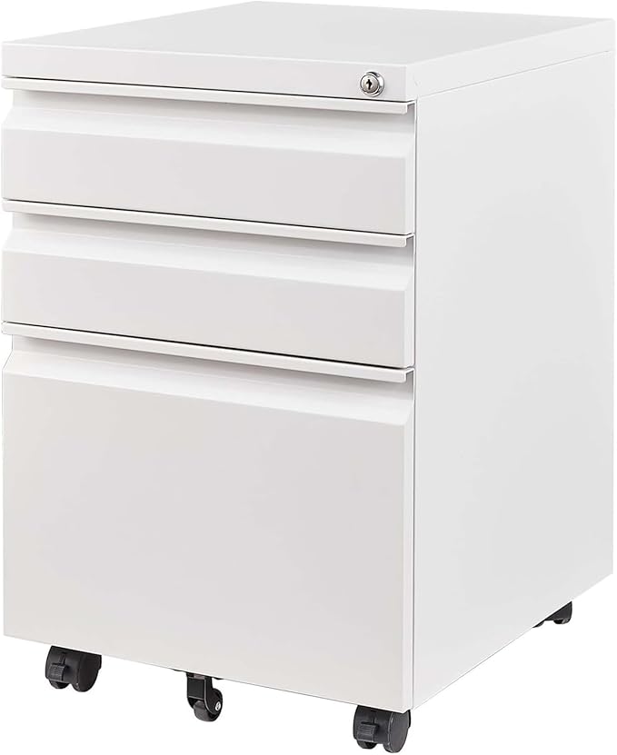 3 Drawer Metal File Cabinet with Lock Under Desk Filing Cabinet with Wheels Rolling for Home Office Fit A4/Letter/Legal File Fully Assembled White