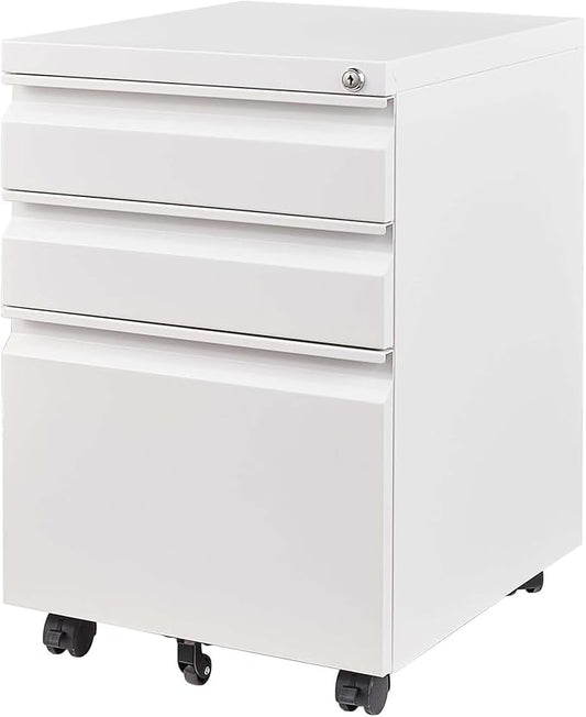 3 Drawer Metal File Cabinet with Lock Under Desk Filing Cabinet with Wheels Rolling for Home Office Fit A4/Letter/Legal File Fully Assembled White