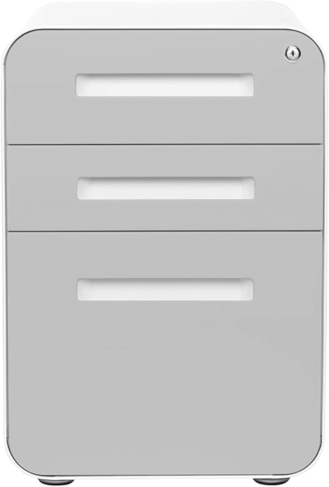 Laura Davidson Furniture Stockpile 3 Drawer File Cabinet with Lock - Under Office Desk Metal Filing Cabinet Legal/Letter File Folders Wheels and Stationary Feet Pre-Assembled Light Grey Faceplate