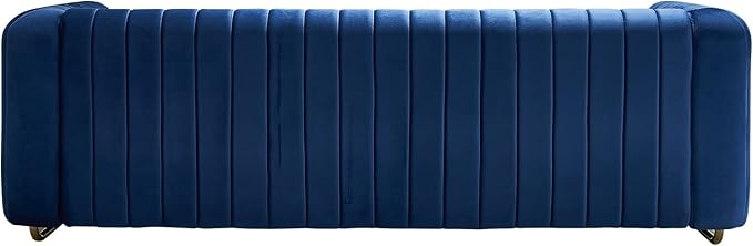 kevinplus 84.2'' Velvet Chesterfield Sofa Couch for Living Room Modern Luxury 3-Seat Upholstered Sofa Couch for Apartment Bedroom Dorm Office Strong Gold Metal Legs (Channel Backrest Blue)