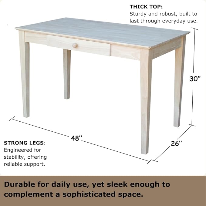 IC International Concepts Writing Desk With Drawer Solid Real Wood Sturdy Parawood Dimensions 19.41W x 15D x 2.36H Home Office/Study Paint/Stain Ready Unfinished