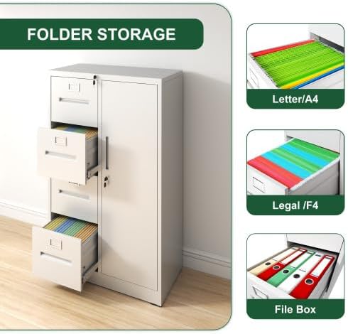4 Drawer and 1 Door Metal File Cabinet with Lock Under Desk Locking Drawers Storage Cabinet Organizer Filing Cabinets for Home OfficeWhite-4Drawer-1Door