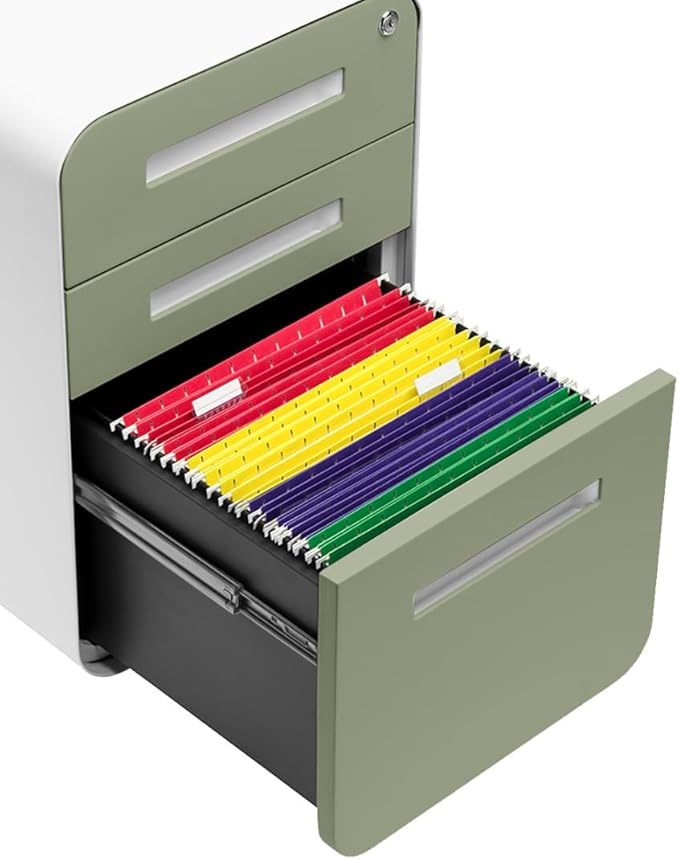 Laura Davidson Furniture Stockpile 3 Drawer File Cabinet with Lock - Under Office Desk Metal Filing Cabinet Legal/Letter File Folders Wheels and Stationary Feet Pre-Assembled Sage Green