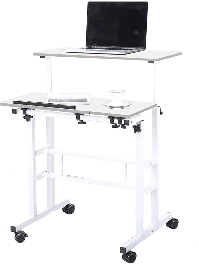 DlandHome Adjustable Rolling Sit-Stand Desk Mobile Computer Desk Stand Up Workstation White