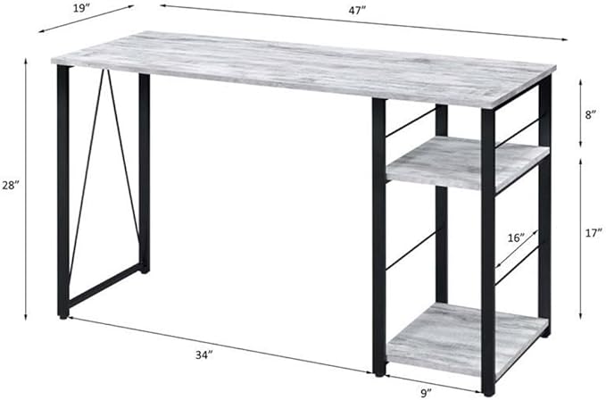 Bowery Hill 2-Shelf Writing Desk 47W x 19D x 28H Antique White and Black Finish Wooden Top Particle Board and Metal Construction Rustic Industrial Style Home Office Desk with Storage Shelves