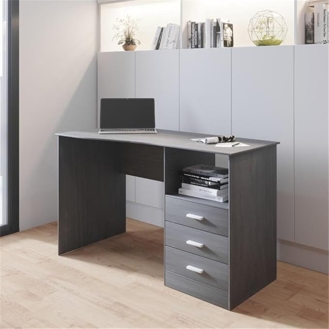 Pemberly Row Contemporary Writing Desk 51.25 in Wide Gray Finish Heavy-Duty Particle Board and Steel 3 Drawers Side Shelf Large Workstation or Drafting Table for Office or Home Use
