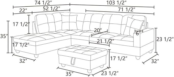L-Shaped 3-Piece Flannel Sofa with Storage Ottoman Set Sectional Couch Sofa Set for Living Room Office Small Space Black Grey