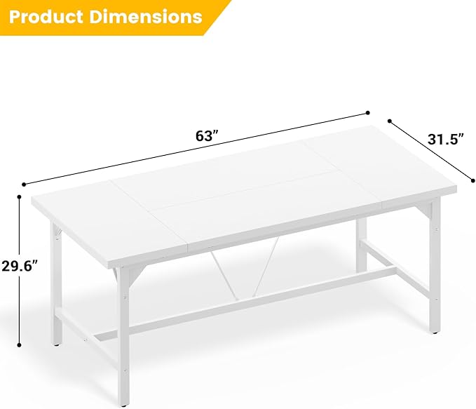 Cyclysio 63 Large Computer Desk Long Office Table with Heavy Duty Metal Frame Modern Study Writing Gaming Desk for 2 Person 1.4 Thick Wood Desktop for Home Office (White 63 Inch)