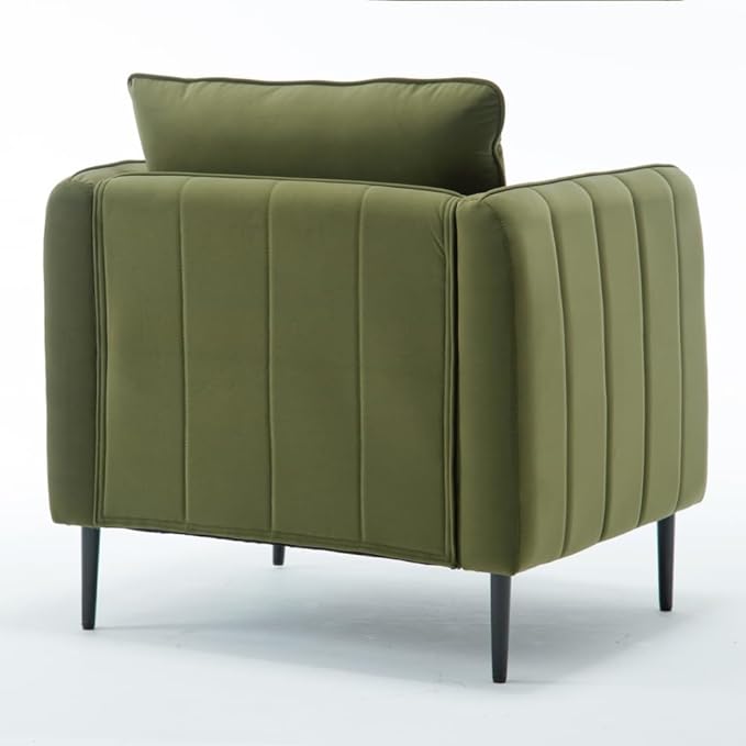 Velvet Accent Chair Mid-Century Modern Armchair with Metal Legs Single Sofa Chair for Living Room Bedroom Office Reading Includes Pillow (Green + Steel + Velvet + Wood + 1 Seat + Foam)