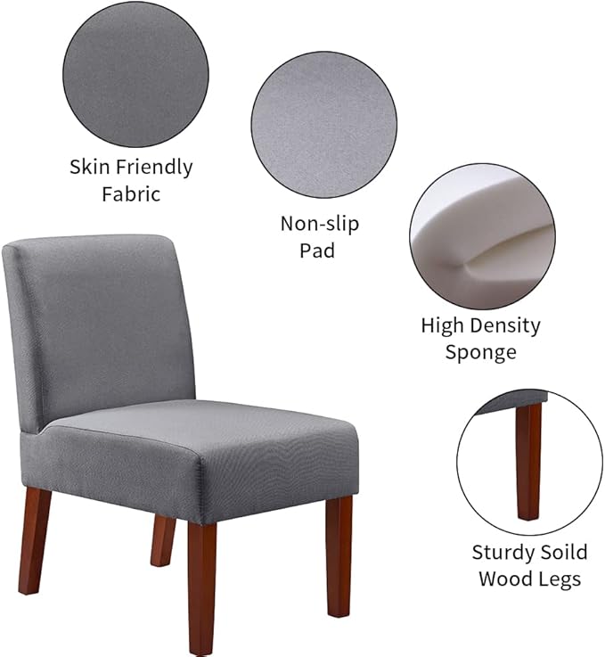 Fabric Accent Chair Set - Armless Linen Fabric Side Chair of 2 with Round Wood Side TableModern Slipper Chair for Living Room Bedroom and Office (Grey)