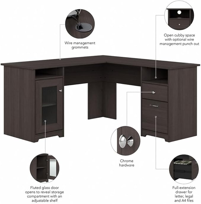 Pemberly Row 60 L-Shape Desk Engineered Wood in Heather Gray Durable Transitional Home Office Corner Desk with Storage Cabinet File Drawer Adjustable Shelf Wire Management Grommets