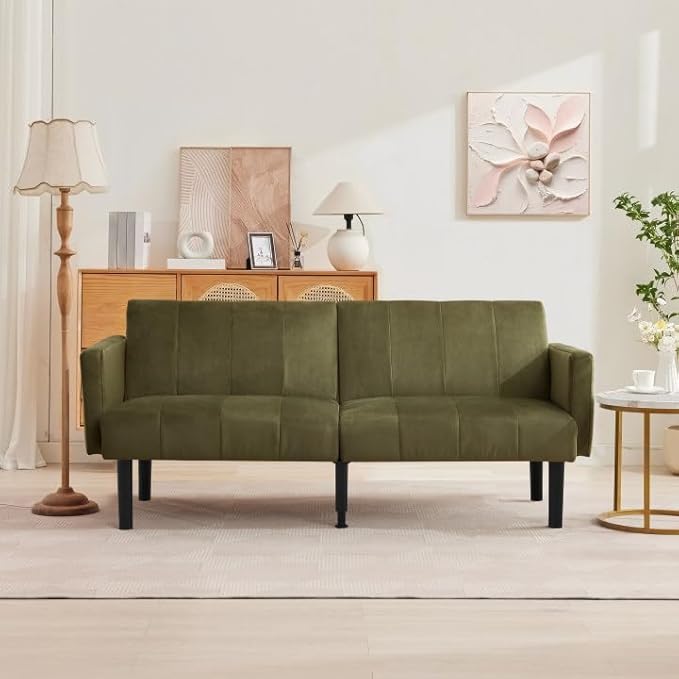 75.5” Convertible Futon Sofa Bed Linen Flannel Small Couch Sofa with Wood Legs &amp 700lbs Capacity Adjustable Folding Loveseat Mid Century Modern Futon Couch Cozy Couches for Living Room - Green