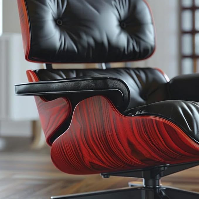 Top Black Grain Leather Mid Century Chaise Lounge Chair and Ottoman Modern Chair Classic Design Red Rosewood Heavy Duty Base Support for Living Room Office