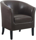 Pemberly Row Contemporary Faux Leather Barrel Club Chair Brown Finish Rubberwood Frame Upholstered Vinyl Flared Armrests Arching Backrest 28.25W x 25.5D x 33H Accent Chair for Living Room