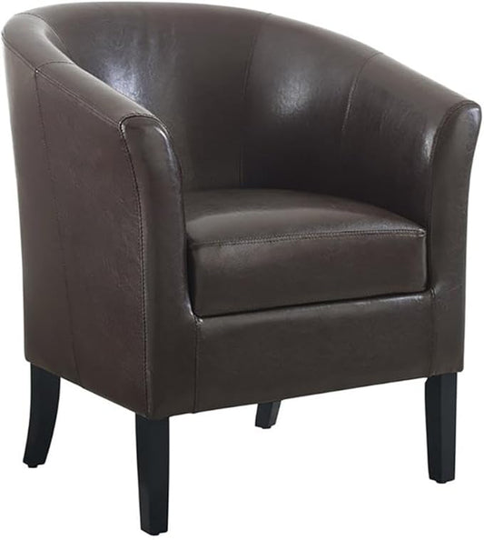 Pemberly Row Contemporary Faux Leather Barrel Club Chair Brown Finish Rubberwood Frame Upholstered Vinyl Flared Armrests Arching Backrest 28.25W x 25.5D x 33H Accent Chair for Living Room