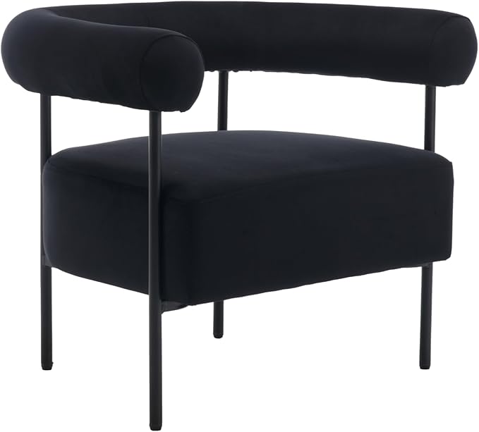 Wahson Black Accent Chair with Metal Legs Velvet Upholstered Barrel Chair with Curved Backrest Small Modern Reading Chair for Living Room/Bedroom/Office