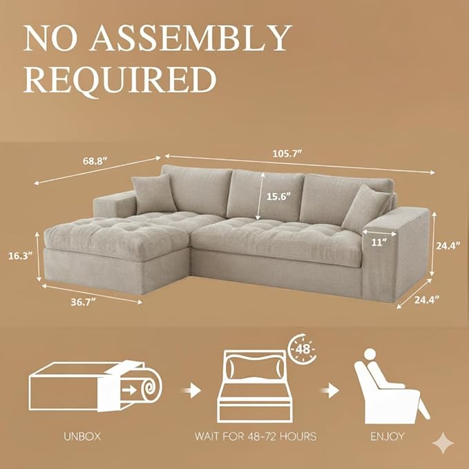105 Convertible Sectional Couch with L-Shape Chaise Modern Modular Sofa with Deep Seat 3-Seater Comfy Cloud Couches (Beige Cloudy Couch with Right Facing Chaise)