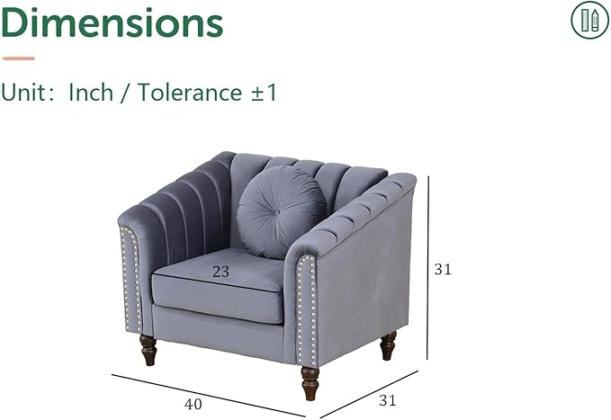 Chesterfield Chair Couch 40 Inch Luxurious Velvet Single Chair Chesterfield Settee Sofa Upholstered Rolled Arm with Rivets/Button Tufted Pillow Modern Sofa for Living RoomGray