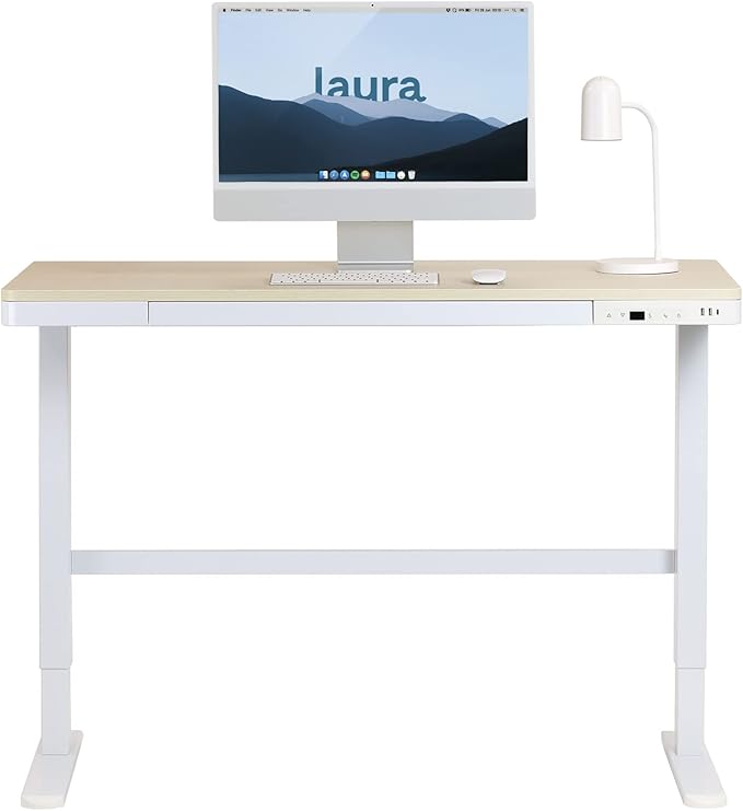 Laura Davidson Furniture Liberty Adjustable Electric Standing Desk Stand Up Desk and Sit Desk with Memory Presets and Drawer Home Office Desk Computer Desk (White with Oak Top)
