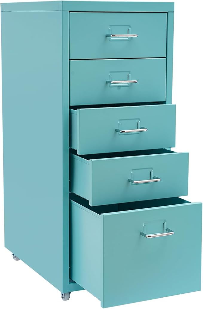 Metal File Storage CabinetSide Storage OrganizerFreestanding Storage UnitMetal Garage Storage DrawerStorage Cabinet with 5 Drawers and Wheels for OfficeHomeSchoolBlue11 * 16.1 * 27.1in