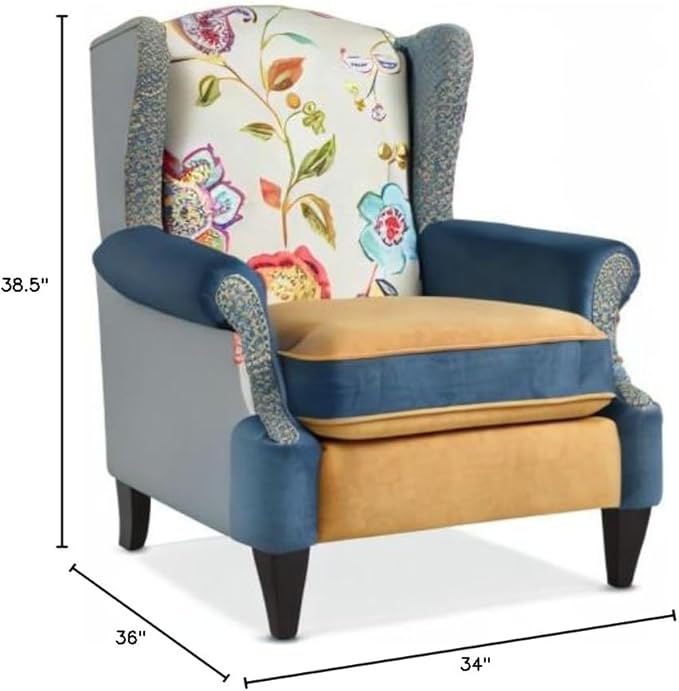 Jennifer Taylor Home Ayla Boho Chic Wingback Accent Arm Chair Floral &amp Leopard Blue-Teal &amp Yellow-Gold Velvet
