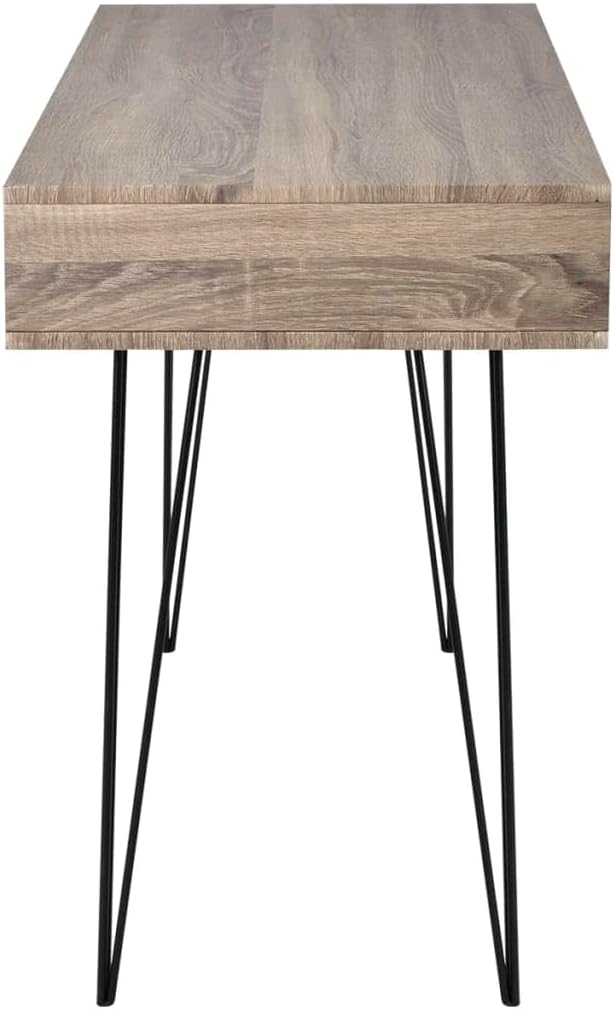 Grey Desk for Home Office Shaped Computer Table Wood Shelves Bedroom Storage and Metal Legs