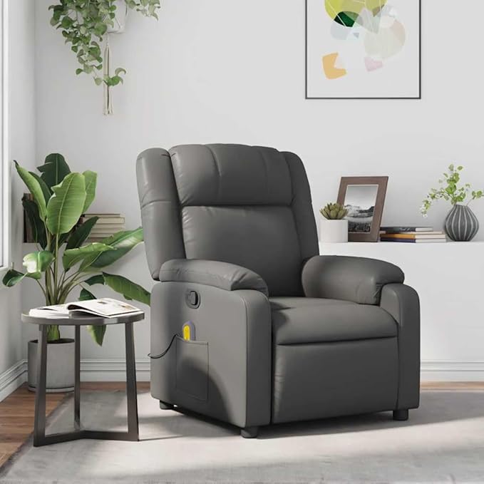 vidaXL Massage Recliner Chair for Living Room Adjustable Recliner with 6-Point Vibration Massage Home Theater Seating with Padded Seat Backrest &amp Side Pocket Grey Leather