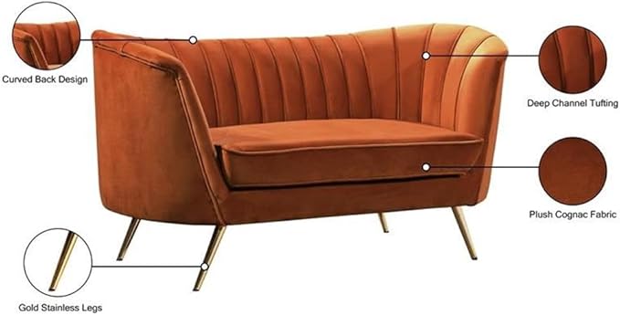 Meridian Furniture Margo Collection Modern | Contemporary Velvet Upholstered Loveseat with Deep Channel Tufting and Rich Gold Stainless Steel Legs Cognac 65 W x 30 D x 33 H