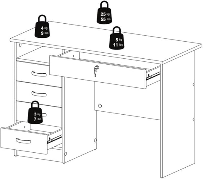 Pemberly Row Contemporary Desk with 5 Drawers 43 in Wide Engineered Wood Oak Finish Lockable Drawer Open Shelf Scandinavian Design for Home Office or Living Room