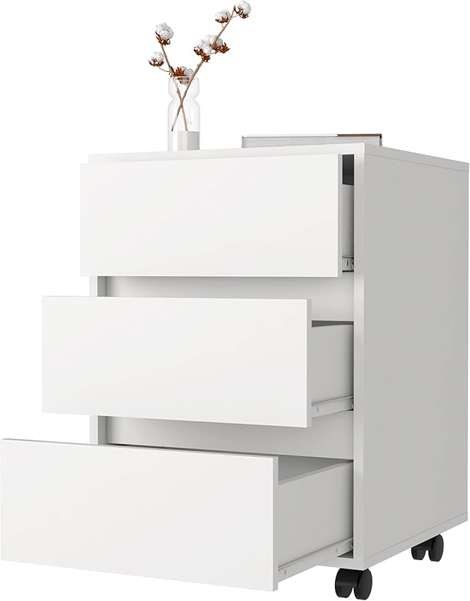 25.9 H White Mobile Filing Cabinet with 3 Drawers 4 Wheels Rectangular Portable Filing Cabinet Modern for Office Study Room