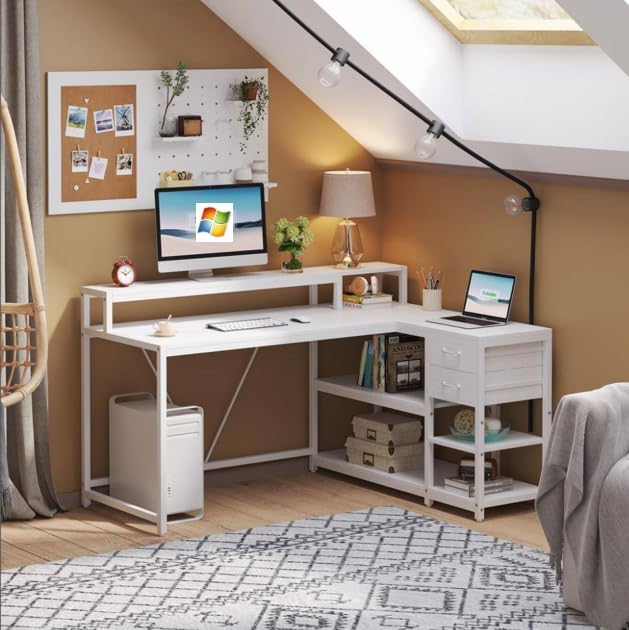 47'' L Shaped Gaming Desk with Power Outlets Reversible Corner Computer Desk with Monitor Stand Storage Shelves Side Bag Home Office Desks for Home Office Gaming (White 55 Inch)