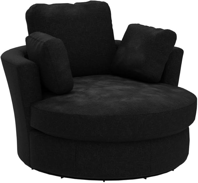 Swivel Accent Barrel Chair Oversized Modern Akili Upholstered Sofa Lounge Club Leisure Chair Round Chair for Hotel Living Room with 3 Pillows (Black Chenille) 15D x 38.6W x 50H in
