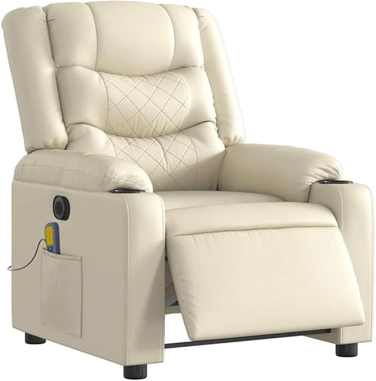 vidaXL Electric Massage Recliner Chair - Cream Wingback Armchair Faux Leather with Recline &amp Vibration Features for Living Room