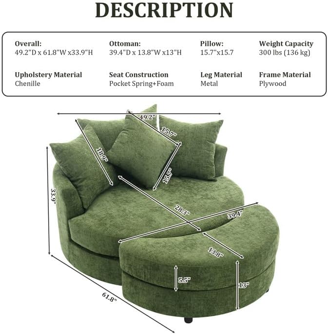 Accent 360° Swivel Barrel Chair with Storage Ottoman &amp 4 Pillows Modern Oversize Round Swivel Leisure Arm Chair for Living Room Hotel Club Lounge Chair Chenille Green…