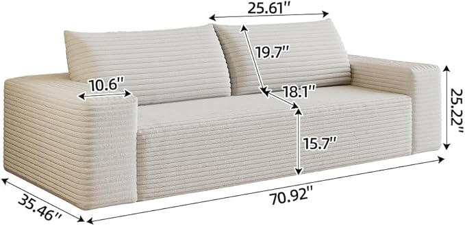 71 Cloud Compressed Sofa Corduroy Fabric Loveseat Deep 3 Seat Boneless Couch No Assembly for Living Room Bedroom Conference Room Apartment (White-71)