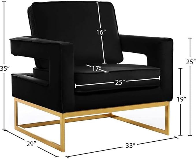 Pemberly Row Modern Accent Chair 33.5 W x 29.5 D x 35.5 H Black Velvet Upholstery Gold Stainless Steel Base High-Density Foam Cushion Solid Wood Frame Contemporary Living Room Seating