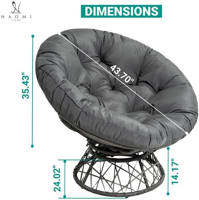 Naomi Home 40” Papasan Chair Indoor with Cushion and Frame – Round Wicker Papasan Chair with Thick Tufted Cushion Sturdy Metal Base Large Reading Chair for Bedroom &amp Living Room Dark Gray