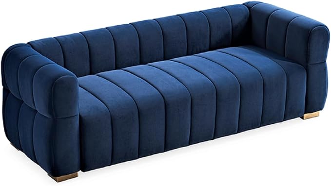 Art Deco Velvet Sofa with Tufted Low Back Design Sophisticated 3 Seater Couch for Living Rooms 89 Inch Wide Easy Assembly Blue